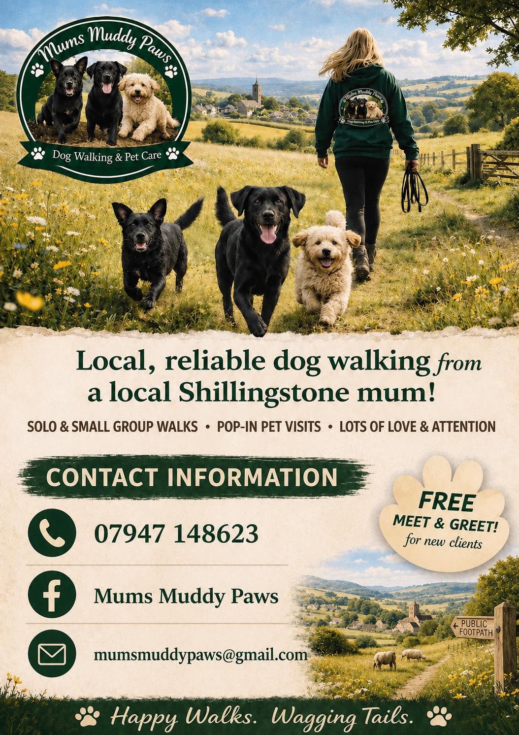 Dog walker with three dogs in countryside
